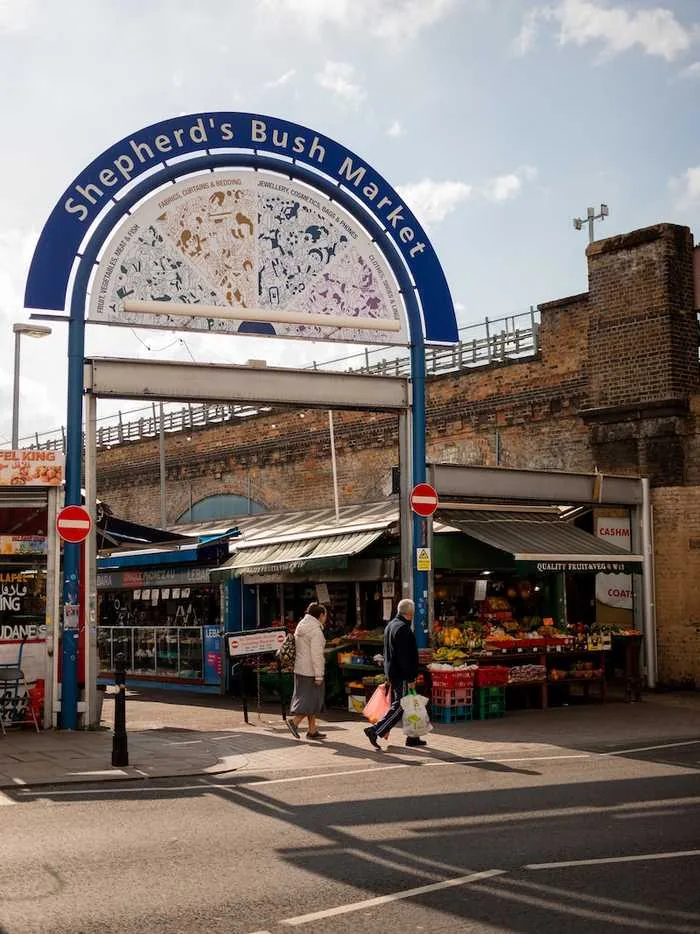 Shepherd's Bush Market, street market under the railway viaduct in Shepherd's Bush