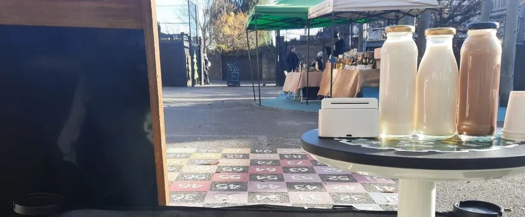 Tufnell Park Market stalls and produce in the Yerbury School playground, Islington